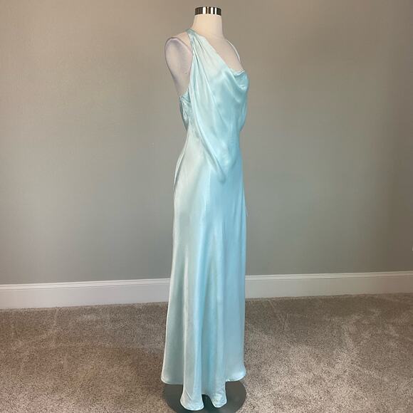 Bardot Satin Backless One Shoulder Slip Dress Evening Gown Blue Size 12 Formal - Picture 4 of 10